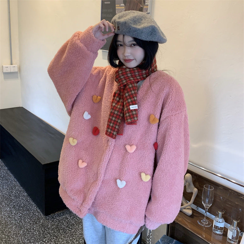 Temperament All-match Plush Thickened V-neck Top Lamb Wool Coat Women