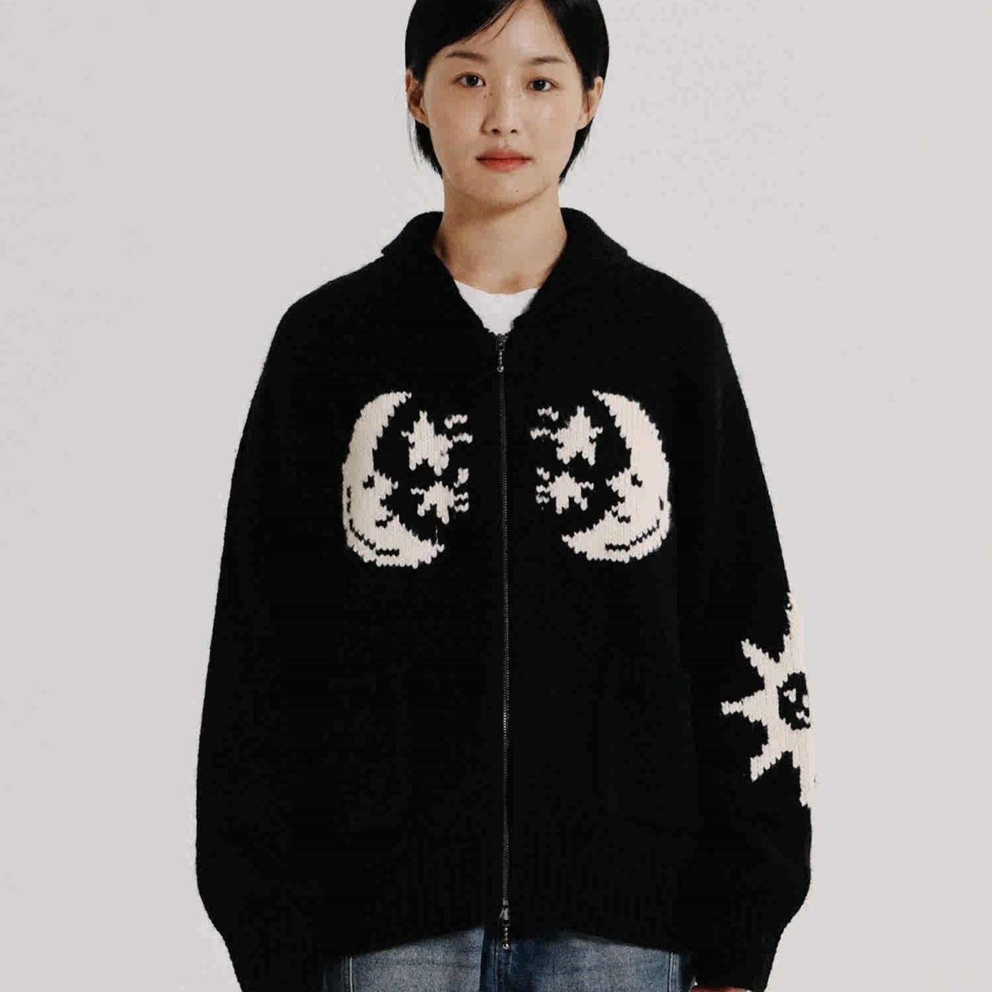 Star Moon Jacquard Lapel Zipper Knitted Cardigan Sweater