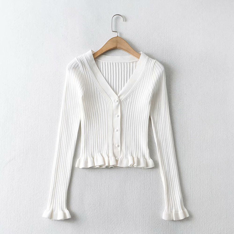 Retro V-neck Tree Fungus-like Lacework Slim Fit Slimming And Short Long Sleeve Base Knitting Cardigan Top
