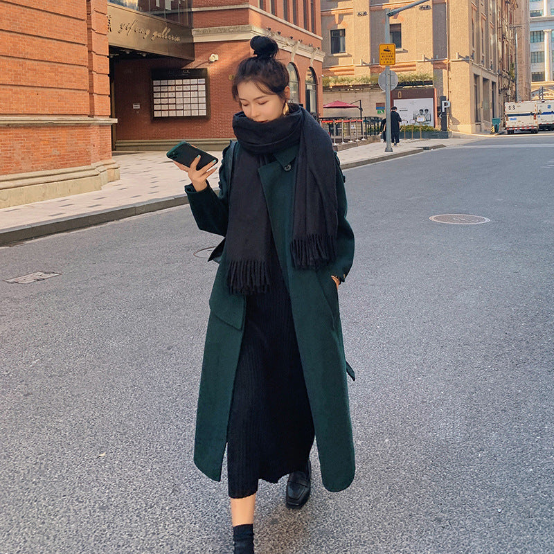 Mid-length Woolen Coat Over-the-knee Waist British Style Coat