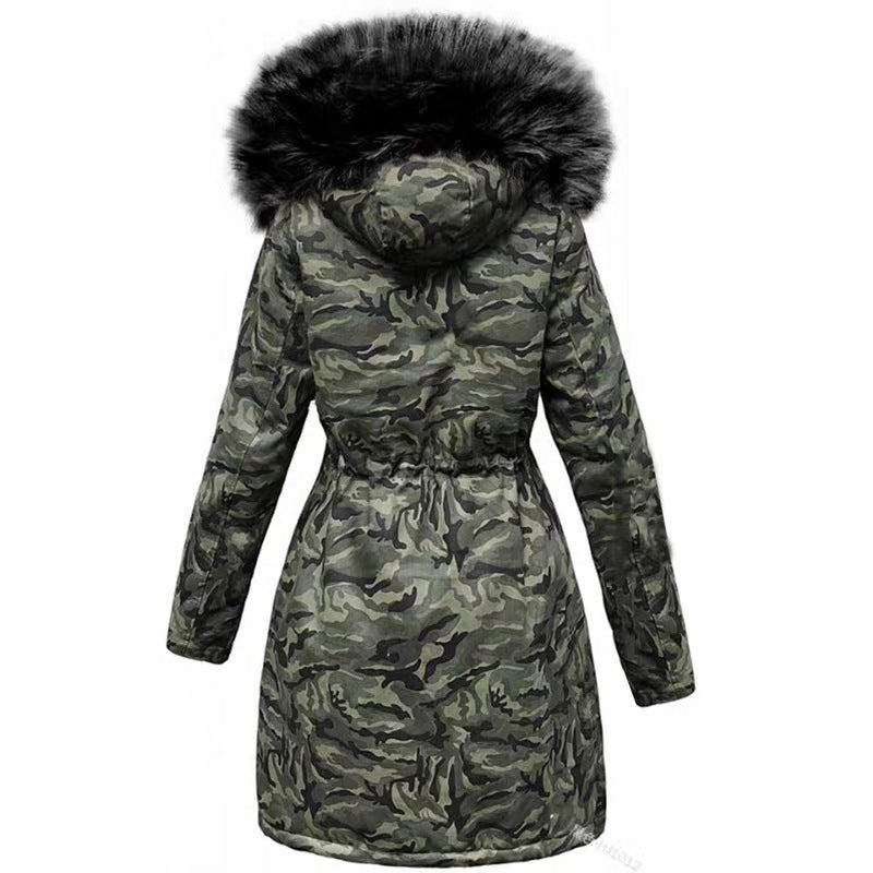 Plush Thick Coat Loose Big Fur Collar Mid-length Camouflage Cotton