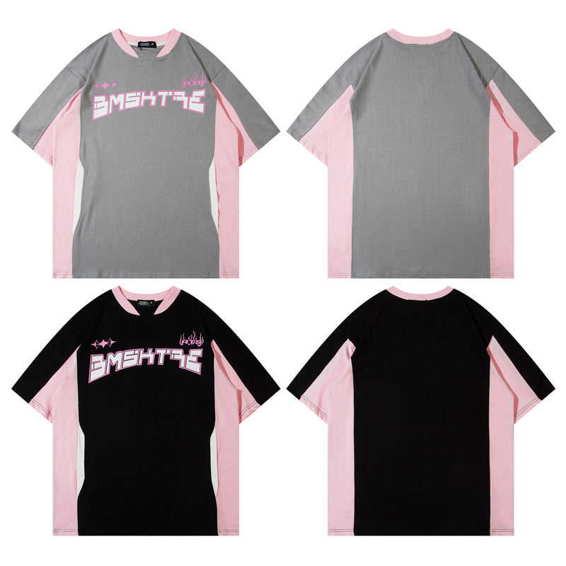 Retro Contrast Color Short-sleeved T-shirt For Women