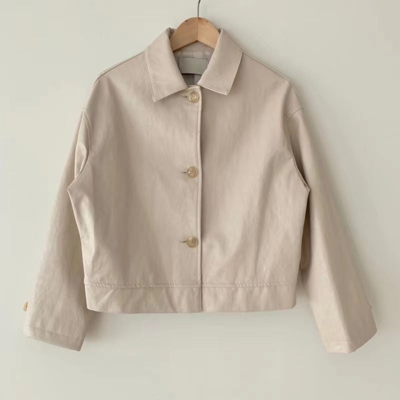 Handsome Retro Simple Casual Loose All-match Solid Color Matte Leather Jacket