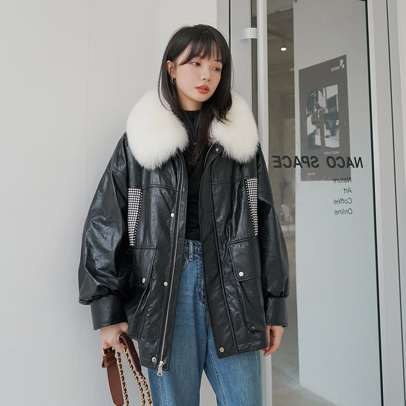 Loose Little Black Pie Overcoming Plaid Stitching Leather Coat And Cotton Jacket