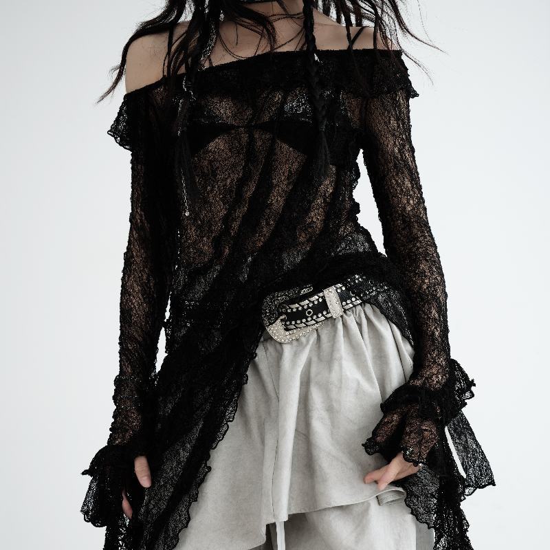 Ruffled Off-the-shoulder Hollow-out Cool Stretch Sun Protective Blouse
