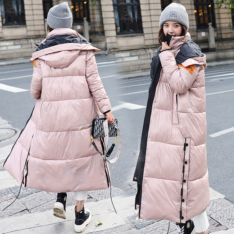 Shiny face down padded jacket women long over the knee