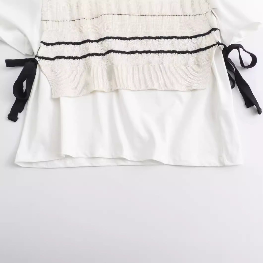 Round Neck Knitted Stitching Fake Two-piece Stripes Short Sleeve T-shirt Top