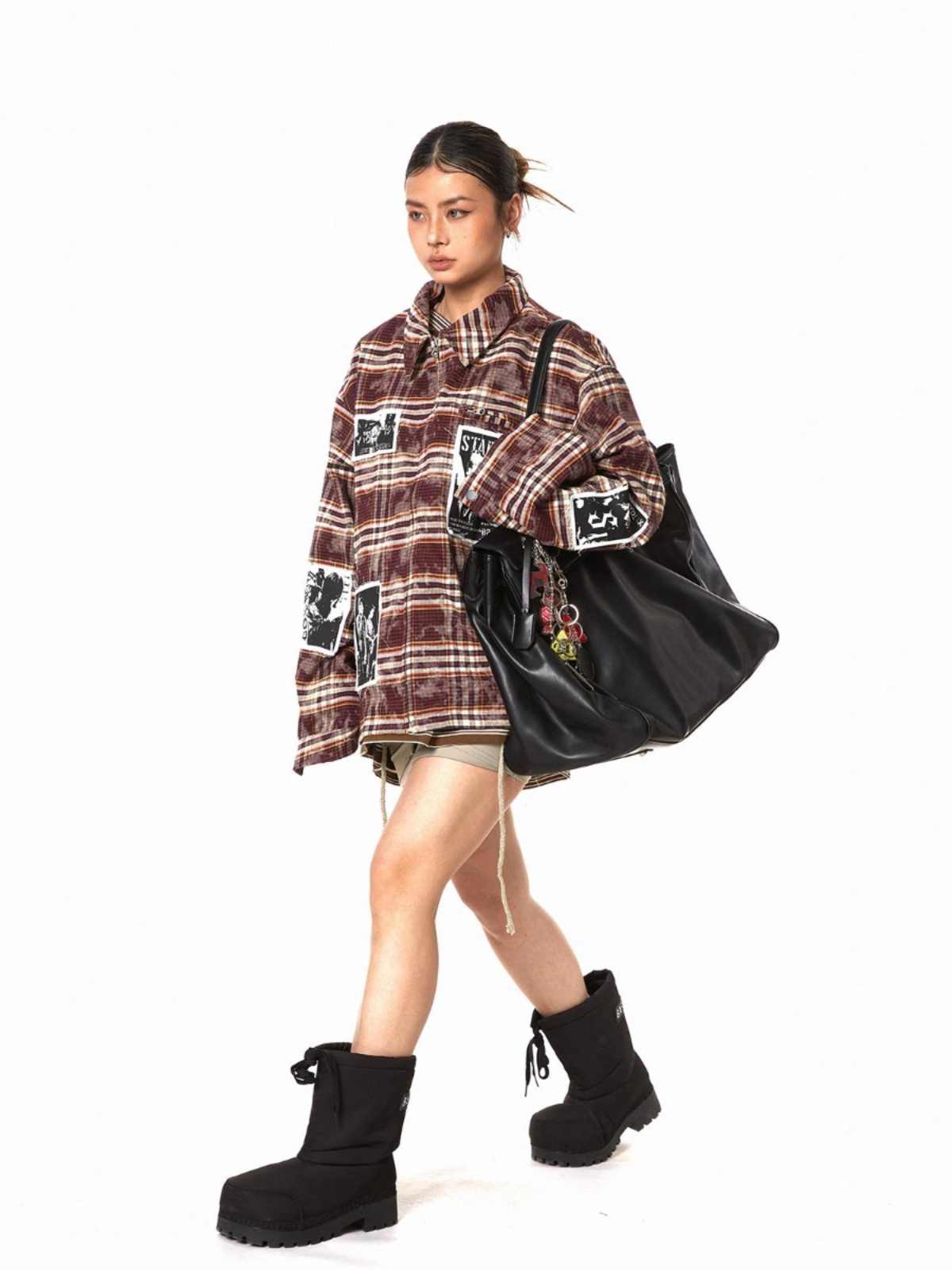 Retro Illustration Plaid Patch Jacket For Women Baggy Coat