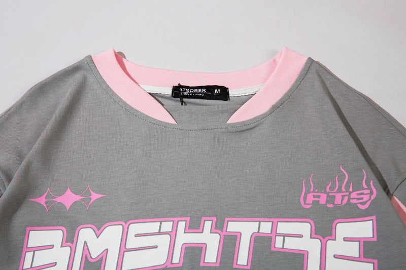 Retro Contrast Color Short-sleeved T-shirt For Women