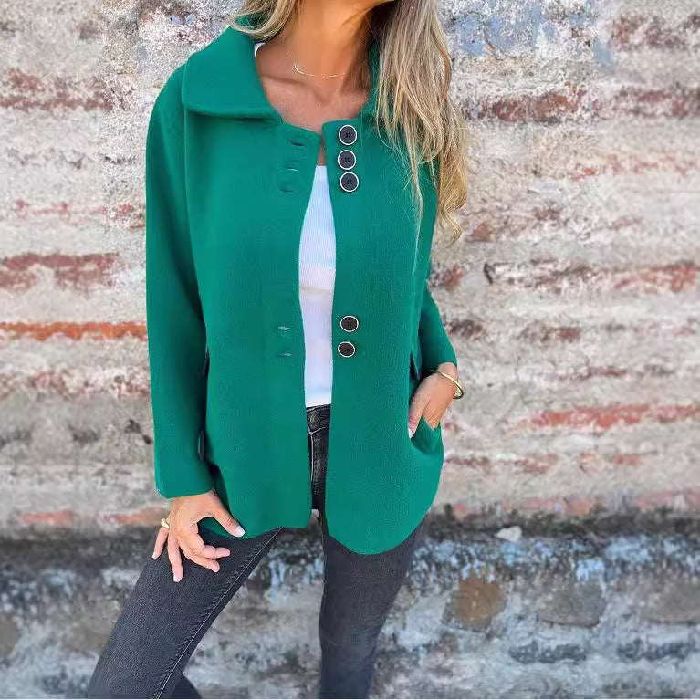 Solid Color Polo Collar Single-breasted Long Sleeve Coat
