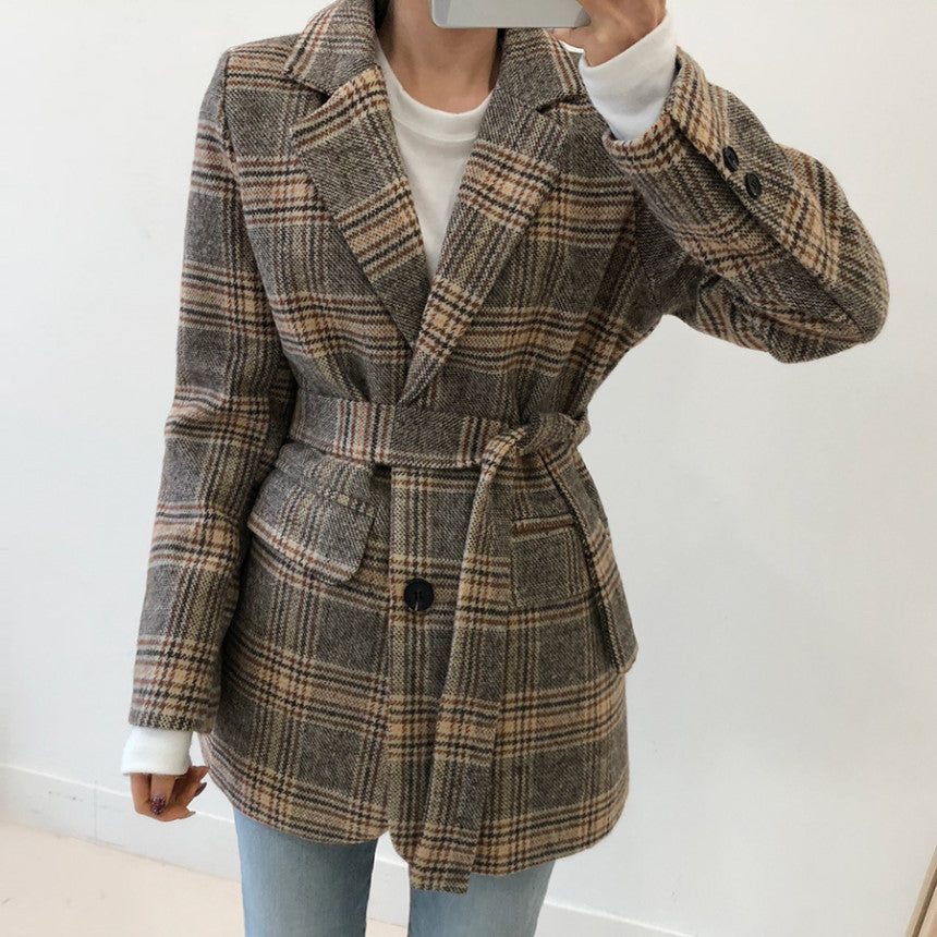 Checked chic short single-breasted coat