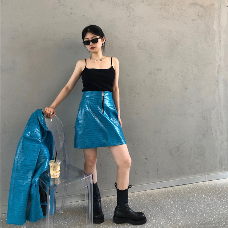 Korean blue pattern loose shoulder leather jacket