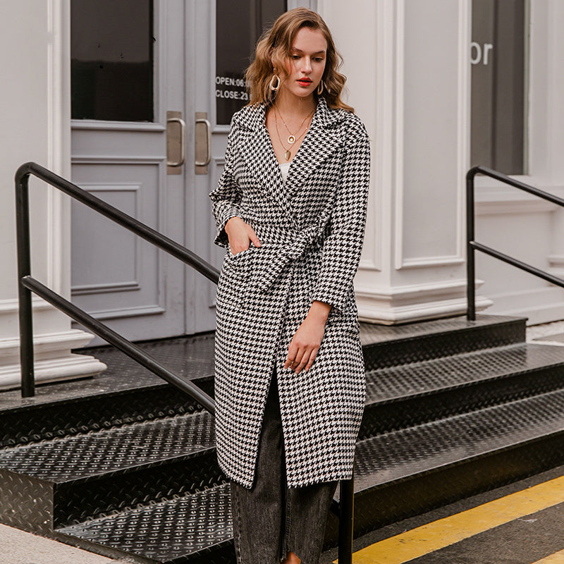 Black and white plaid wool coat