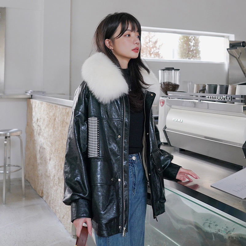Loose Little Black Pie Overcoming Plaid Stitching Leather Coat And Cotton Jacket