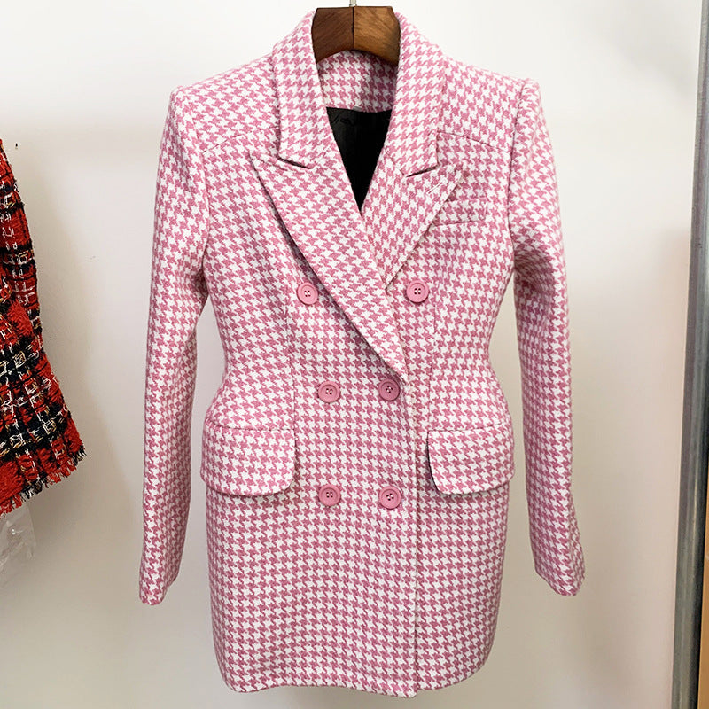Pink Houndstooth Wool Coat Retro Double-breasted
