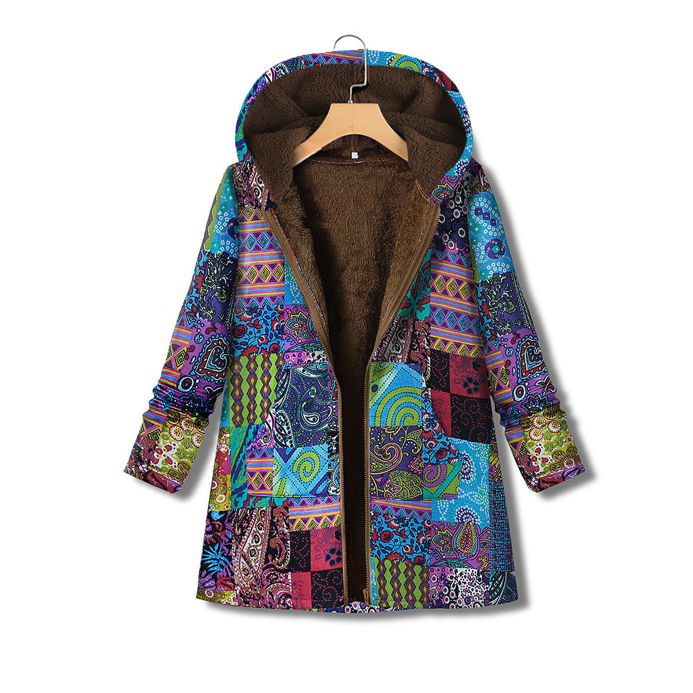 Printed cotton linen Hooded Coat zipper