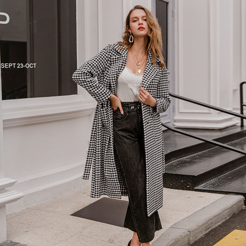 Black and white plaid wool coat