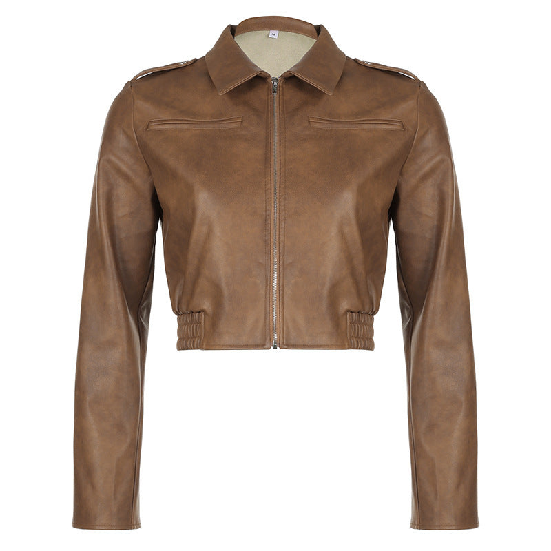 Solid Color Zipper Small Loose Lapels Fashion American Leather Coat Women's