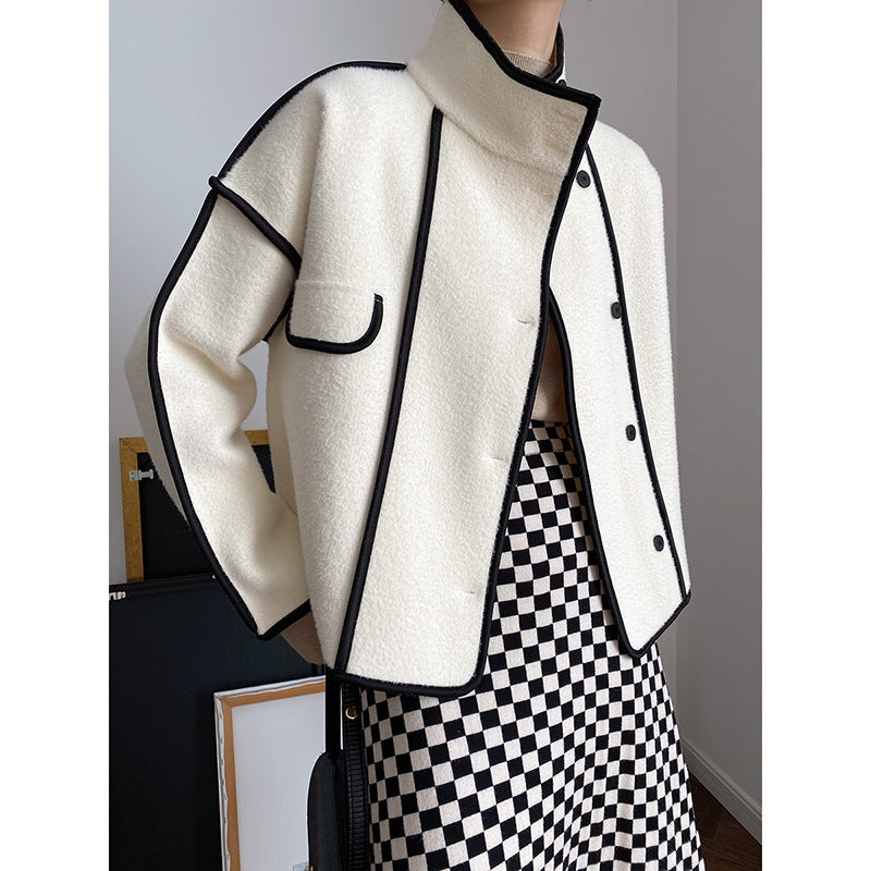 Contrasting Hem Stand Collar Cropped Coat