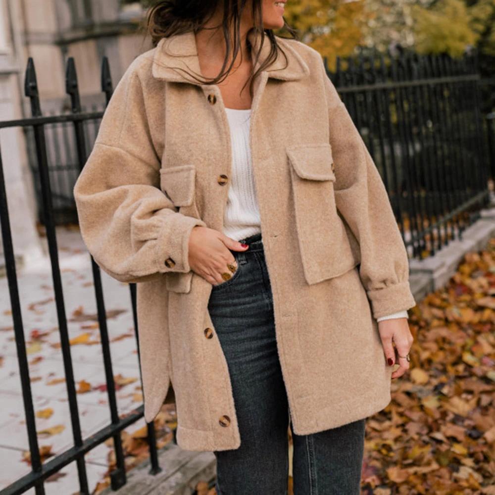 Solid color woolen coat with double pockets