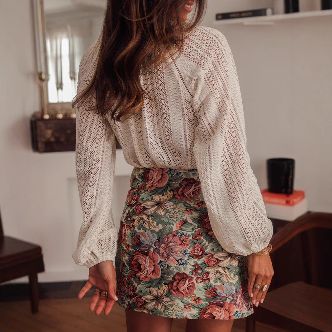 Solid Color Hollow Loose Long Sleeve Top