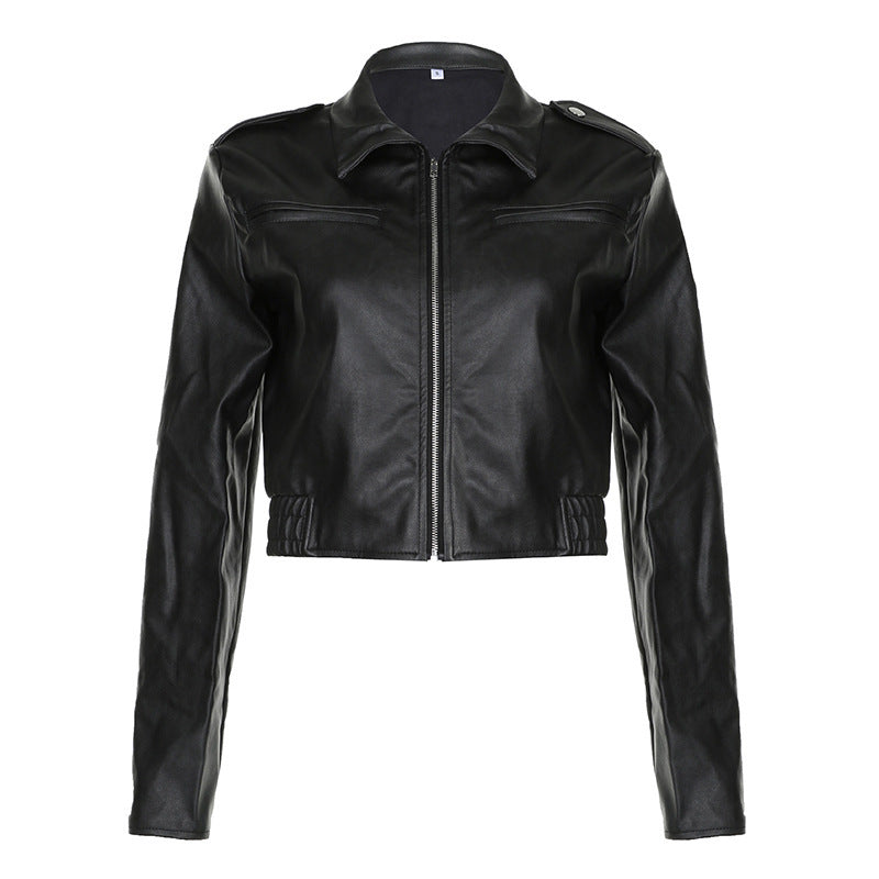 Solid Color Zipper Small Loose Lapels Fashion American Leather Coat Women's
