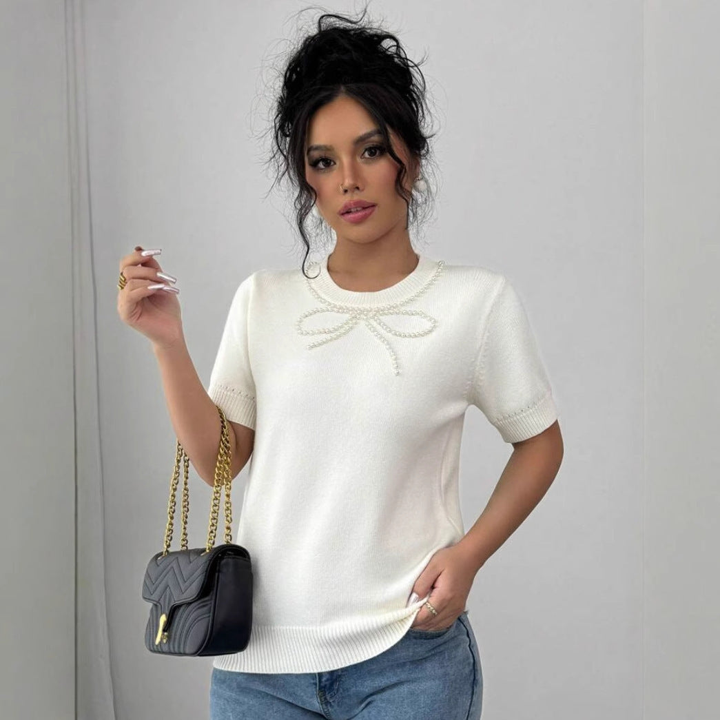Short Sleeve Bow Rhinestone Slim Top
