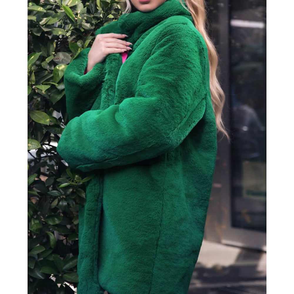 Stand-up Collar Winter Faux Fur Coat Mid-length