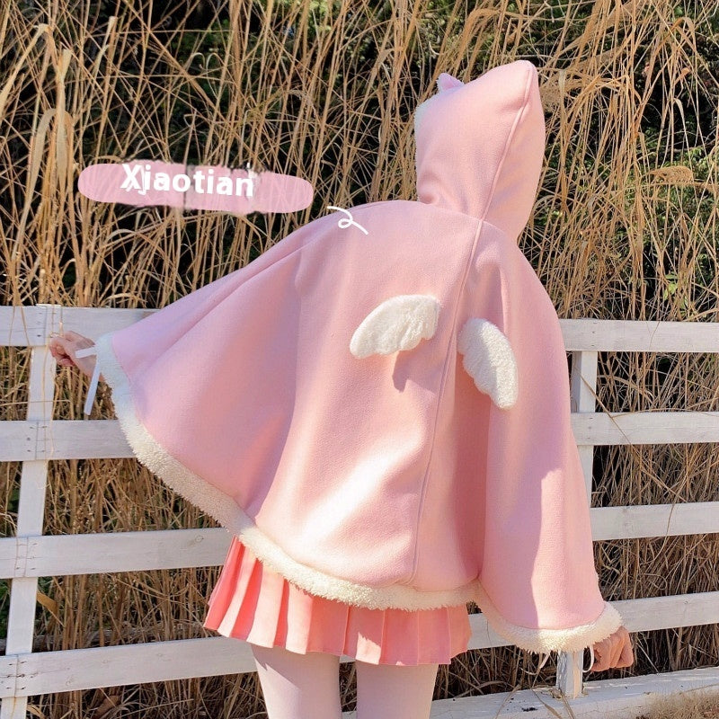 Plus Size New Winter Christmas Japanese Style Hooded Small Shawl Woolen Coat