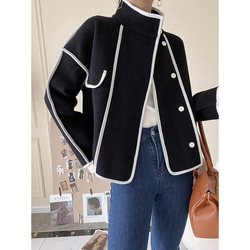 Contrasting Hem Stand Collar Cropped Coat