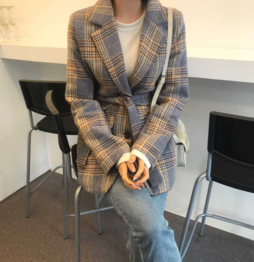 Checked chic short single-breasted coat