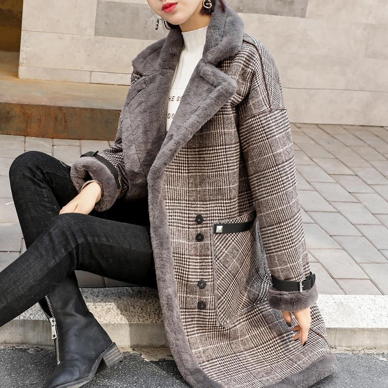 Plaid thickened mid-length faux lamb woolen coat