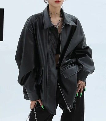 Women's Loose Retro Leather Jacket With Details