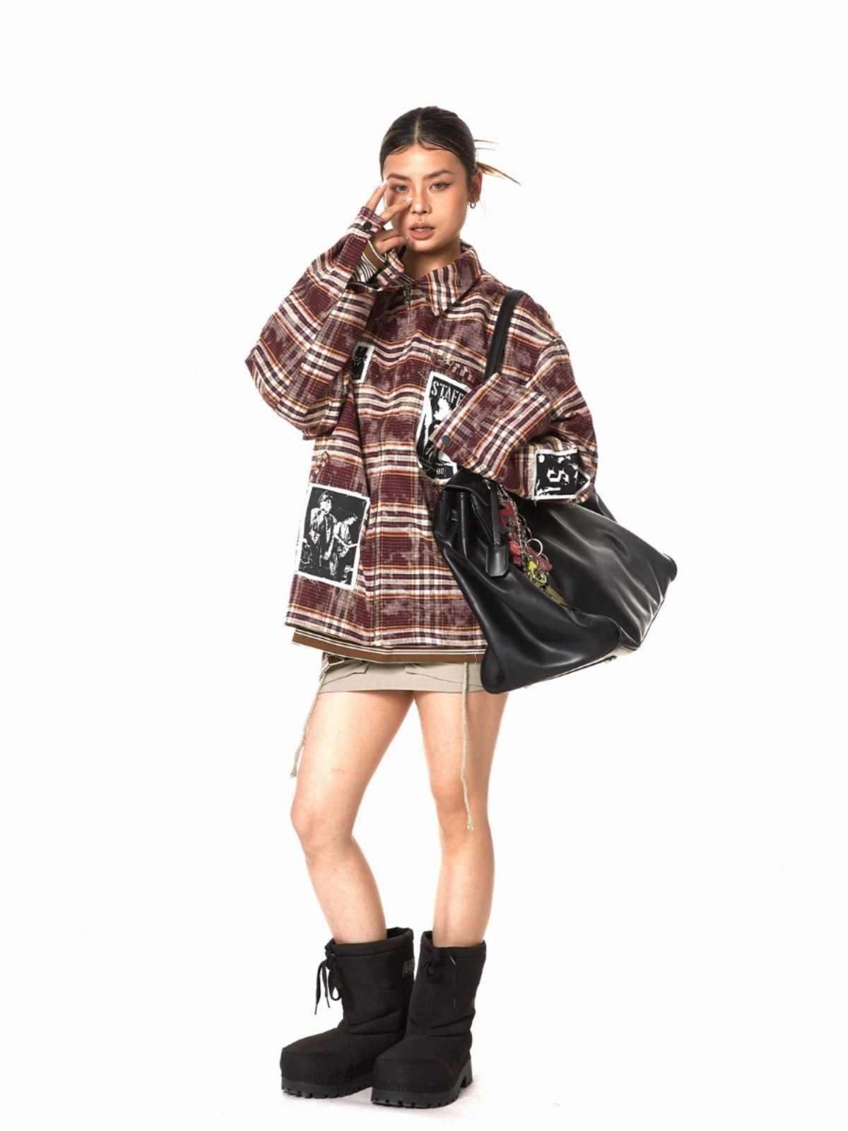 Retro Illustration Plaid Patch Jacket For Women Baggy Coat