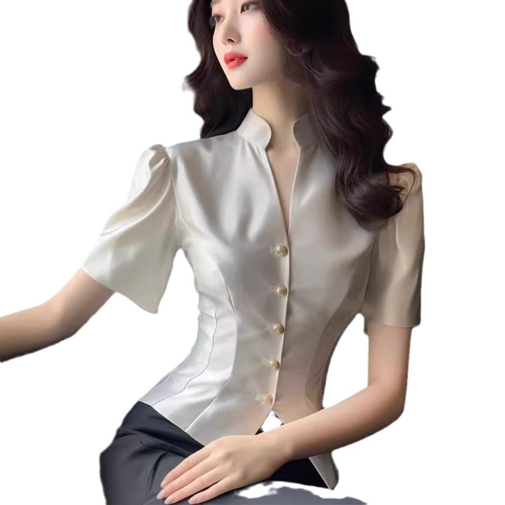 Satin Shirt Women's Tight Waist V-neck High-end Temperament Top
