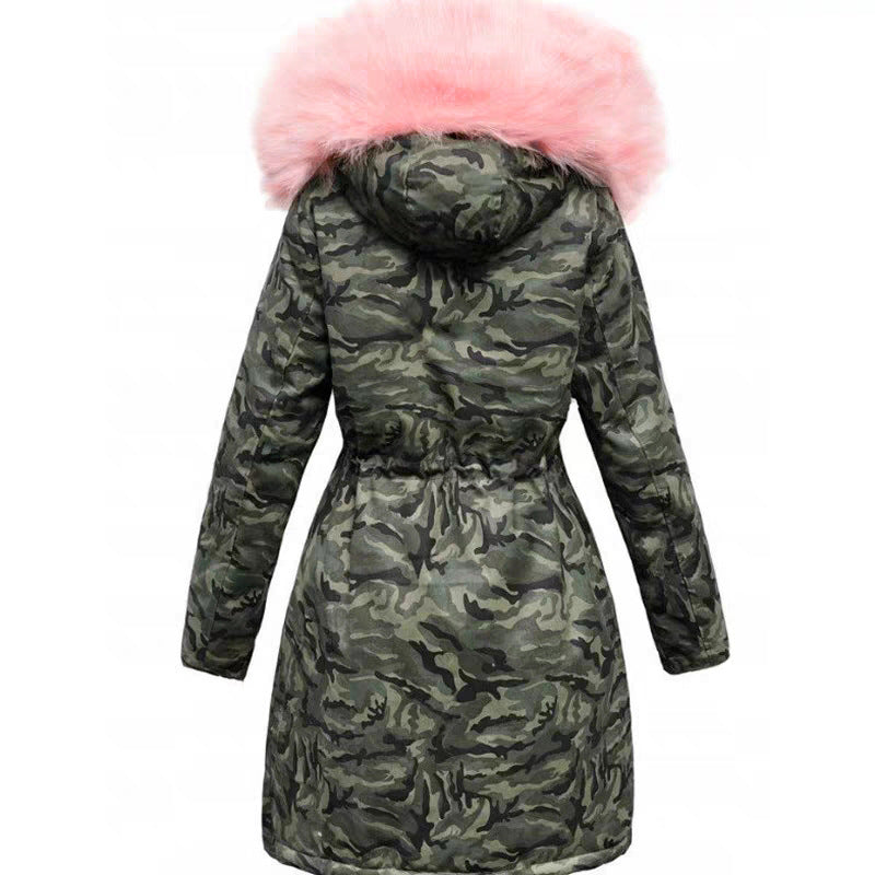 Plush Thick Coat Loose Big Fur Collar Mid-length Camouflage Cotton
