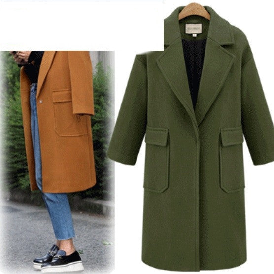 Long Casual Woolen Coat, Lapel Large Pocket Coat