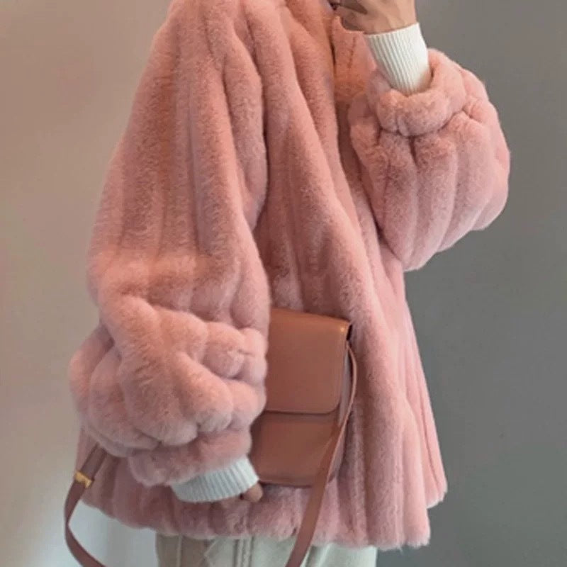 Korean small stand-up collar imitation rabbit fur coat women