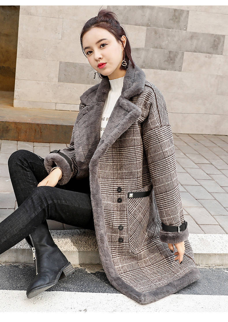 Plaid thickened mid-length faux lamb woolen coat