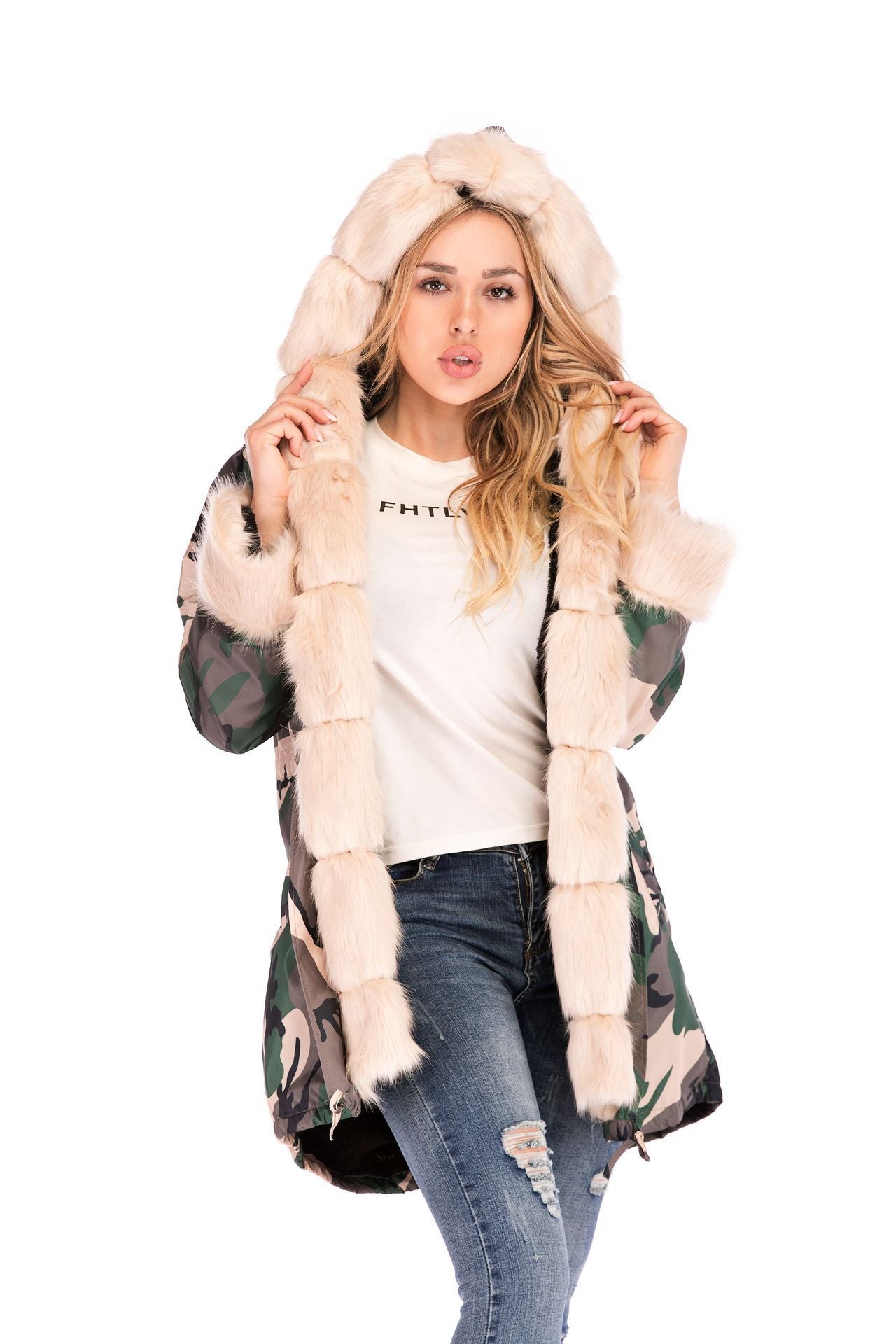 Camouflage plush fur collar warm cotton jacket