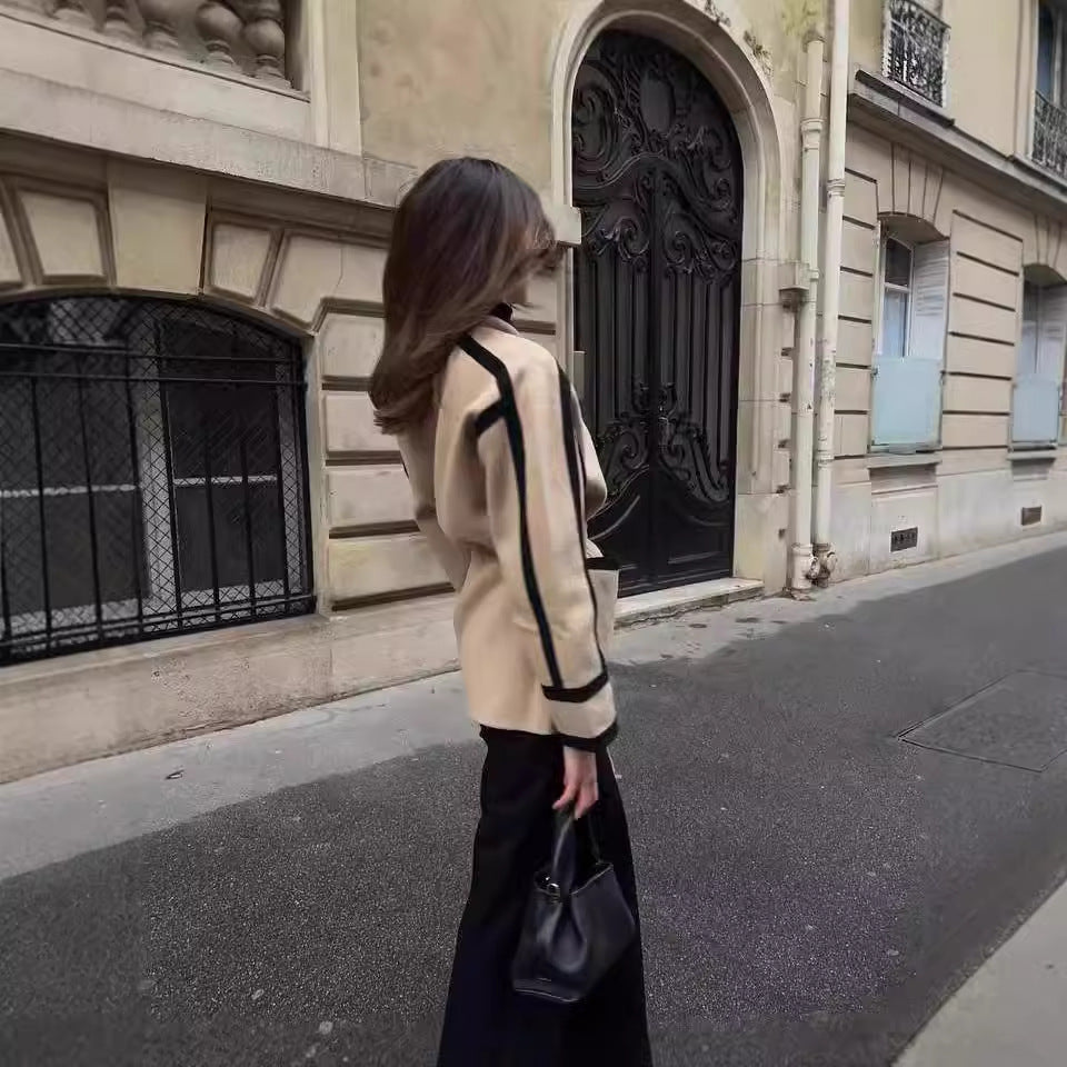 Casual Double-sided Woolen Coat Lace-up Contrast-color Mid-length