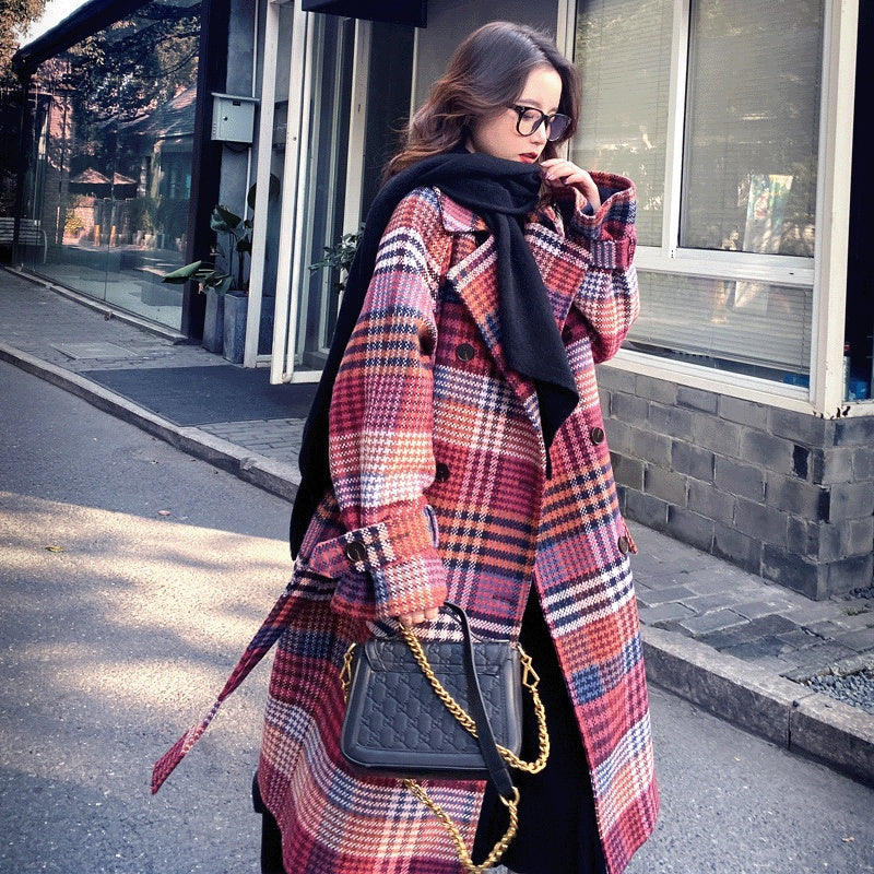 Winter New Plus Size Women's Thick Woolen Retro Check Woolen Coat