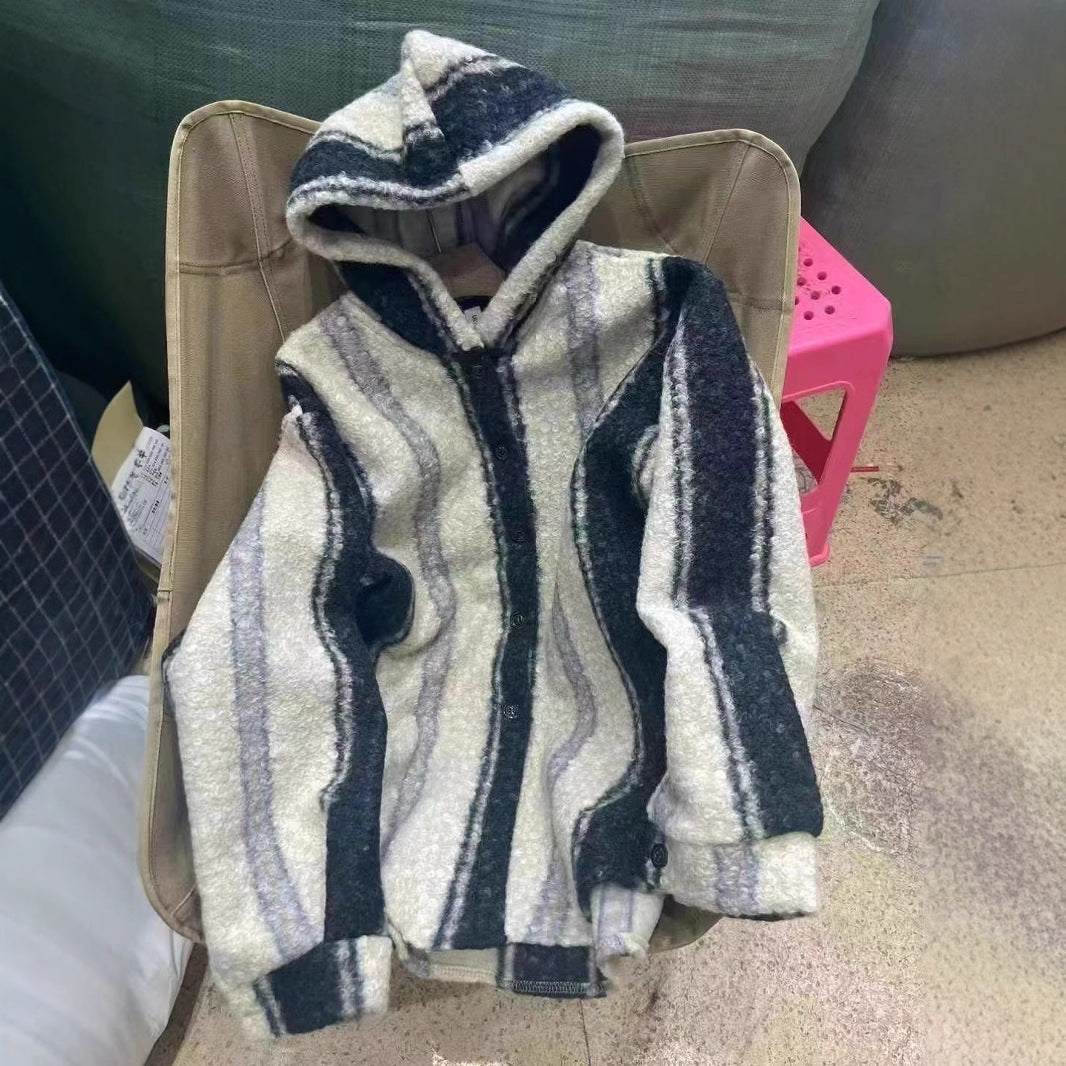 Women's Korean-style Winter Hooded Profile Striped Woolen Coat