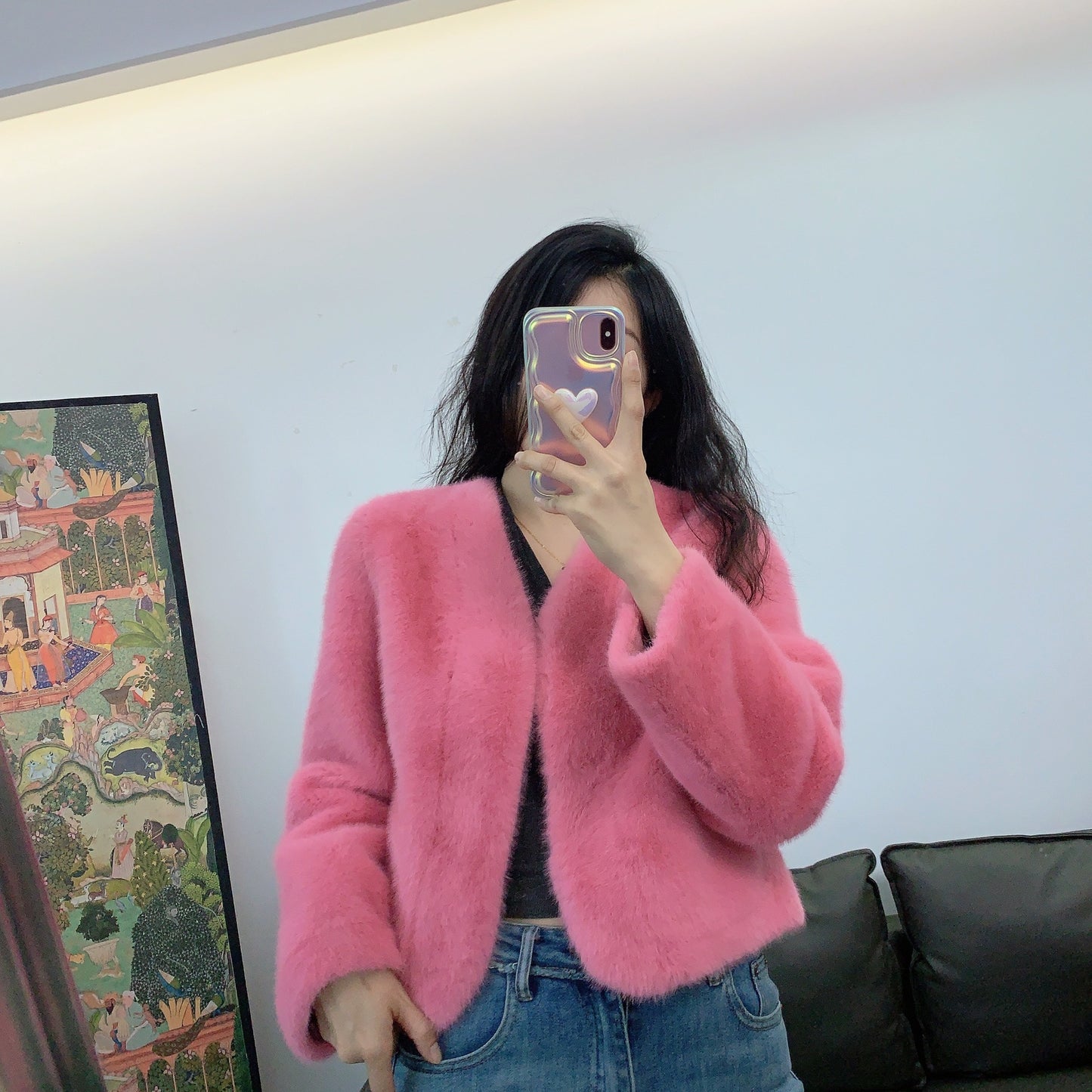 Women's Short Solid Color Eco-friendly Fur Jacket