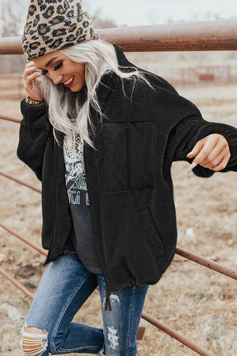 Fashion Women's Zipper Loose Thick Woolen Coat
