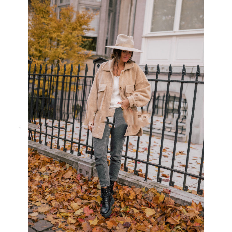 Solid color woolen coat with double pockets