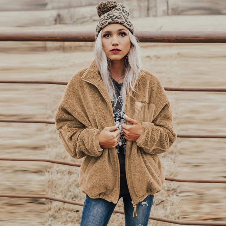 Fashion Women's Zipper Loose Thick Woolen Coat