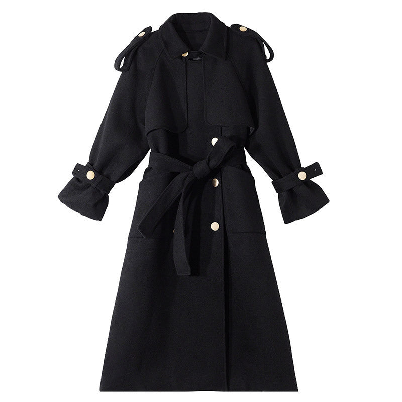 Women's Black Woolen Cloth Mid-length Goddess Fan Woolen Coat