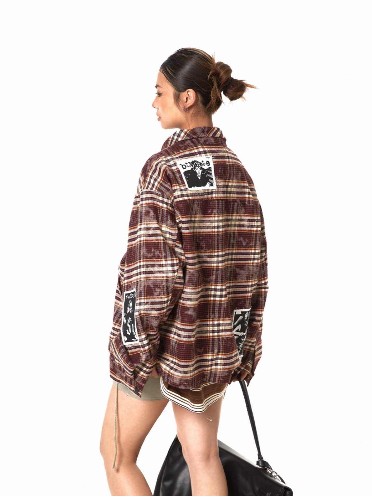 Retro Illustration Plaid Patch Jacket For Women Baggy Coat
