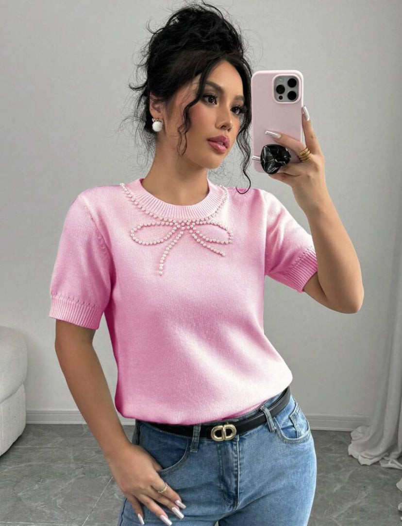 Short Sleeve Bow Rhinestone Slim Top